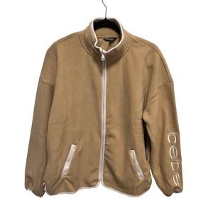 NWT Bebe Sport Womens Polar Fleece Jacket Zip Up Mock Neck Tan Logo Size XL $99